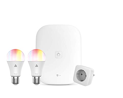 Bild zu MAGENTA SMARTHOME Starter Set Beleuchtung mit App | passendes Licht & smarte Elektrogeräte im Handumdrehen | mit Magenta Home Base 2, Zwischenstecker (innen) & 2 smarten E27 RGB LED-Lampen (4-tlg. )