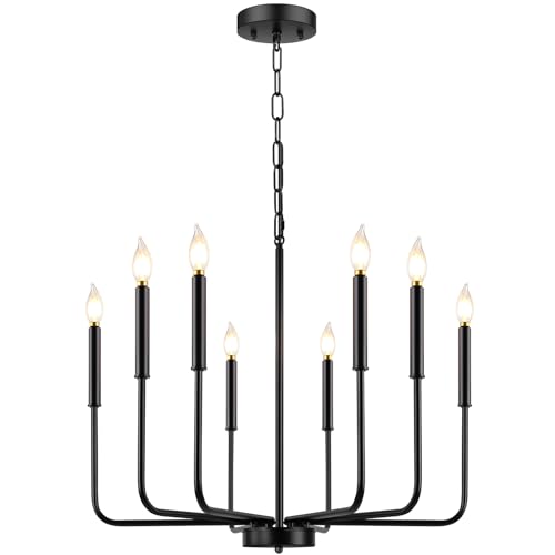 Black Farmhouse Chandelier, 8-Light Industrial Chandeliers for Dining Room Lighting Fixtures Hanging, Modern Candle Dining Light Fixtures Over Table for Bedroom, Foyer, Entryway, Kitchen, Living Room