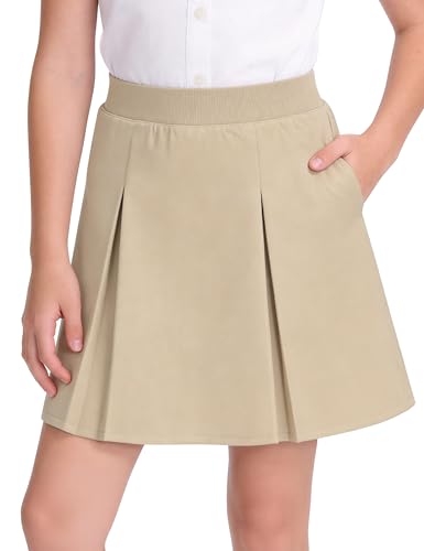 KEREDA Girls School Uniform Pleated Pull-on Scooter Skirts with Undershorts Kids Skorts with Pockets Khaki 9-10 Years