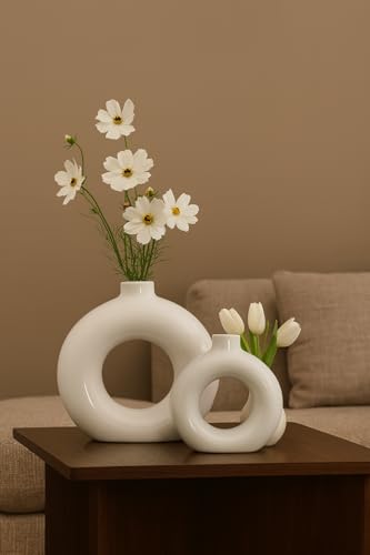 Image of Modern Ceramic Donut Vase Set of 2 (White) | Minimalist Ring Shape Decorative Flower Vase for Living Room, Bedroom, Office & Table Decor (5,6 Inch)