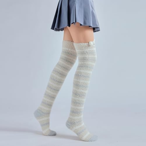 Image of Thigh High Fuzzy Socks Cute Animal Coral Fleece Over the Knee Thigh High Long Stockings Warm Stripe