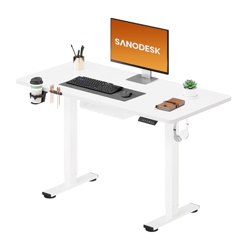 SANODESK Höhenverstellbarer Schreibtisch 110×54 cm – Kompakter Standing Desk mit praktischem Zubehör, ideal für kleine Räume, leise & sicher mit Anti-Kollisions-Schutz(Weiß)