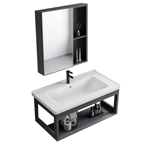 Zhsukva Ceramics Bathroom Wash Basin Combination Small Apartment Wall-mounted Household Antique Sink(Gray(Mirror cabinet),70 * 40cm)