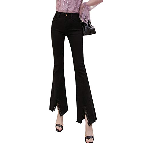 Qinvern Jeans pour Femmes Pantalon évasé Fourche Fendue Coupe décontractée Luscious Mignon All-Match Brut Ourlet effiloché Couleur Unie M