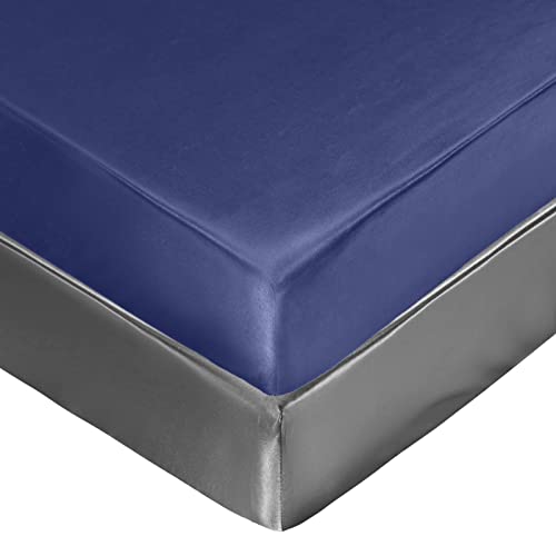 Image of SiinvdaBZX 2 Pcs Satin Mini Crib Sheets 38 x 24In, Grey & Navy | Silk-Like Soft Mini Portable Crib Sheets Mattress Cover Portable Playard Sheets with 5In Deep Pocket, Great for Baby Hair
