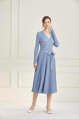 Image of Women's Long Knit Crewneck Sweater Dress Tie Waist A-Line Swing Pleated Bodycon