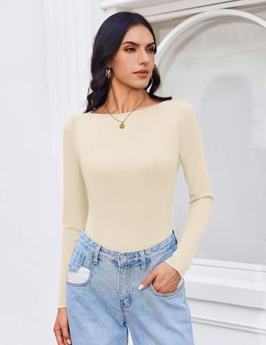 Ekouaer 3 Pack Womens Long Sleeve Shirts Boat Neck Ribbed Thermal Undershirts Lightweight Basic Top XS-XXL3