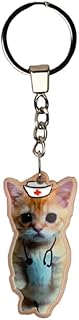 Nurse Cat Metal Keychain, Pink, 5 cm Length, Split Ring and Chain Attachment, Medical Theme