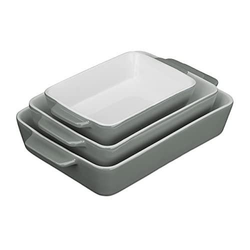 Relaxdays Pack de 3 Fuentes Horno, 3 Tamaños, Rectangular, Cerámica, Apto Lavavajillas, Recipiente Lasaña, Gris/Blanco, 6 x 33 x 20 cm