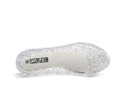Kontai Womens Sandals Flat Jelly Shoes Glitter Slip on Summer Plastic Ballet Shoes Silver - Image 3
