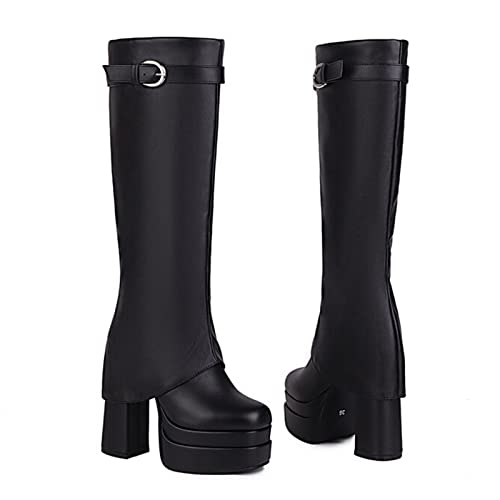 FCYYLIGHT Bottes Hautes Bottes Hautes pour Femmes Cuissardes pour Femmes Chaussures Extensibles Talon éPais Talon Haut Boucle De Ceinture Bottes Hautes,Noir,36 EU Cover