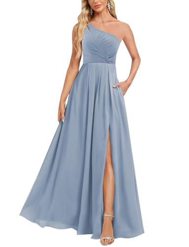 Rjer One Shoulder Bridesmaid Dress for Women 2025 Sleeveless A-Line Long Chiffon Formal Prom Dress with Slit