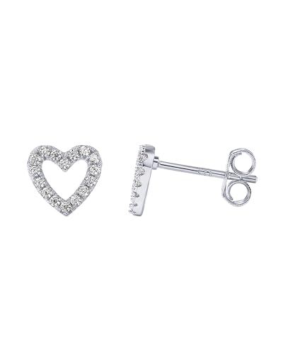 PAVOI Rhodium Plated 925 Sterling Silver Earrings - Dainty Open Heart Studs - Gold Stud Earrings for...