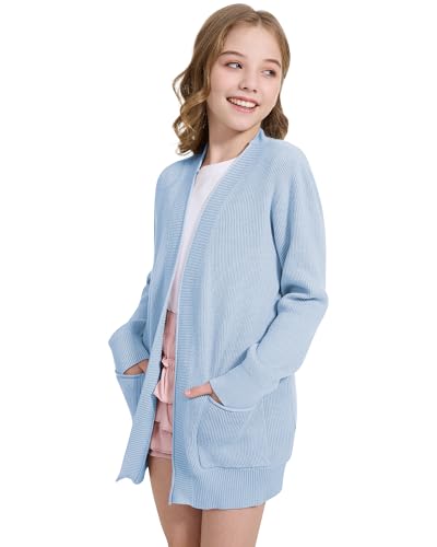 Image of WULFUL Girls Long Sleeve Cardigan Kids Casual Open Front Oversized Sweater with Pockets