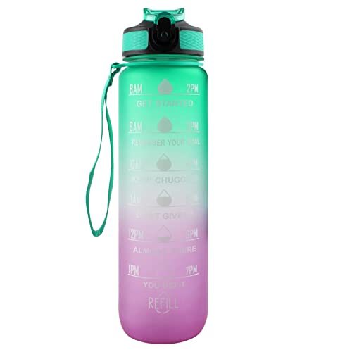 WANGCL 32oz Water Bottle with Straw Motivational Time Marker Portable Reusable Fitness Sports and Outdoor Water Jug (Green/Purple Gradient)