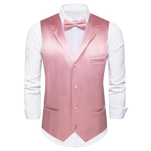 Dubulle Mens Satin Vest and Tie Solid Suit Waistcoat and Pre-tied Bowtie Set for Men Lapel Pin Wedding Party3