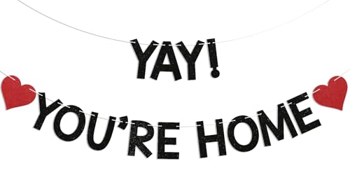 Image of Yay! You're Home! Banner - Welcome Back to Home Sign, Family Reunion Party Bunting Sign, Welcome Home Party Decorations Black Glitter