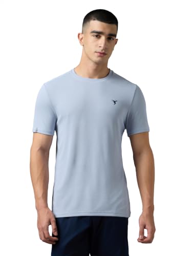 Image of TECHNOSPORT Men's Solid Slim Fit Round Neck T-Shirt TECHNOCOOL+ Half Sleeve Slip On Polyester for Gym Running Workout UPF50+ Anti Odour