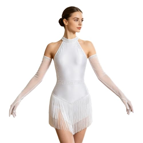 Robe Danse Latine Ajustée pour Éviter les Frottements avec Gants et Strass