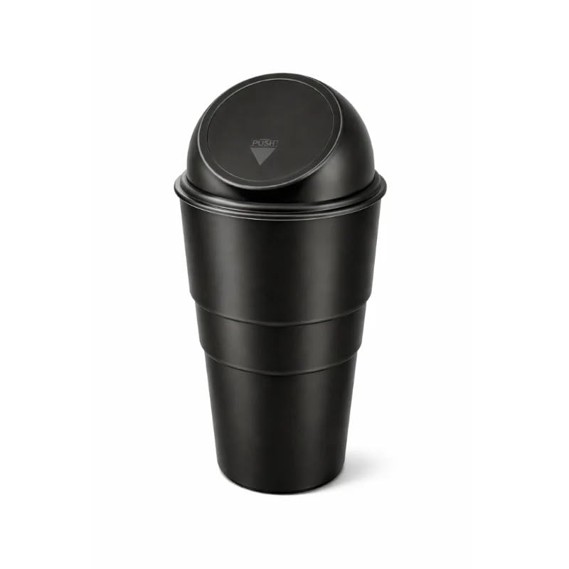 Image of Car Trash Bin with One-Touch Push Lid, Leakproof Mini Dustbin for Car Interior, Fits Cup Holder,