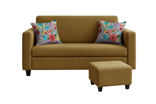 Image of Rosebell 2 Seater Sofa with Ottoman | Living Room Couch | with Printed Cushions | Sofa for Home, Apartment & Office-Golden Color