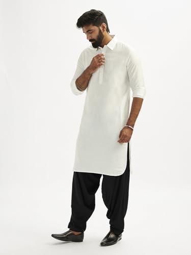 Image of VASTRAMAY Men's Black and White Viscose Pathani Kurta Set, Traditional Pathani Khan Suit Set in Viscose Fabric, and Salwar Patiala Pyjama for Weddings & Festival, Ethnic Outfit | Independence Day