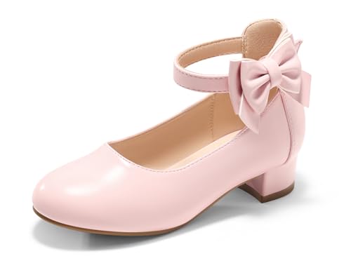 Image of Coutgo Girls Dress Shoes Flower Girl Bow Chunky Heels Closed Toe Ankle Strap Pumps Wedding Party Princess Shoes