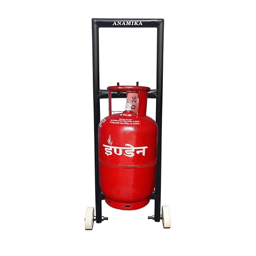 Image of ANAMIKA Heavy Duty LPG Gas Trolley with Wheels & Dual Hooks | Easy Grip Handle for Effortless Gas Movement | Strong Metal Stand for Home Kitchen | Durable Gas Carrier Trolley (Black)