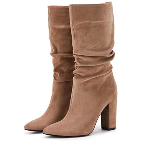Syktkmx Womens Mid Calf Dress Boots Slouchy Pointed Toe Fall Winter Chunky Block High Heel Slip on Boots Cover