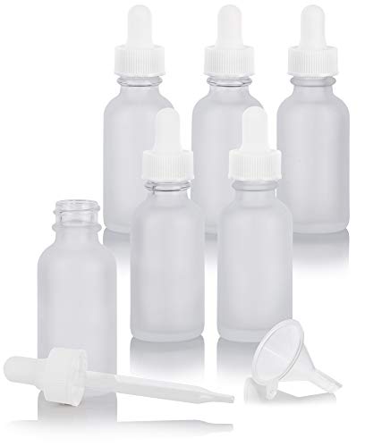 1 oz Frosted Clear Glass Boston Round White Dropper Bottle (6 pack) +