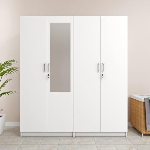 Image of VIKI Wardrobe | Wooden Almirah for 4 Door with Shelves & 2 Hanging Space Mirror Wardrobe (Frosty White - 40D x 160W x 180.8H) | 1 Year Warranty | Free Assembly