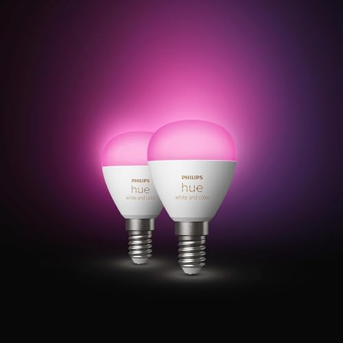 Philips Hue White and color ambiance, ampoule LED connectée sphérique compatible Bluetooth, E14, fonctionne avec Alexa, Google Assistant et Apple Homekit, lot de 2