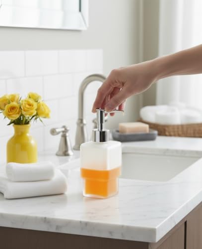 Image of Modern Frosted Glass Liquid Soap Dispenser for Bathroom and Kitchen Sink - 300ml Square Stepped Design Bottle with Rust-Proof Chrome Pump Luxury Hand Wash & Lotion Dispenser (Square LX-O)