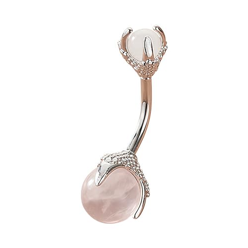 4AllAGES Rose Quartz Belly Button Ring, Dragon Claw Holding Gemstone Stainless Steel Belly Button Rings, Silver Short Navel Ring for Women Body Piercing Jewelry