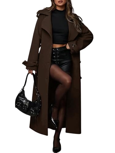 chouyatou Women's Winter Double Breasted Midi Long Wool Coat Business Casual Notch Lapel Winter Trench Coat with Belt (Large, Coffee)