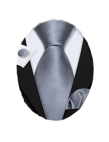 Barry.Wang Plain Men Silk Ties Extra Long Stain Necktie for Wedding Business Handkerchief Cufflinks Set Solid Colors