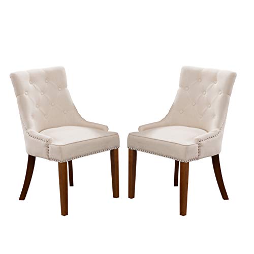Fabric Dining Chairs with Tufted and Nailheads Wing Back Set of 2 (Cream+Fabric)