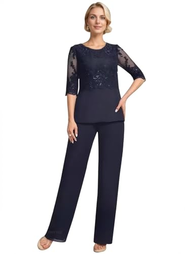3 Pieces Mother of The Bride Pant Suits for Women Dressy Elegant Wedding Chiffon Lace Formal Outfits with Jacket RJX034