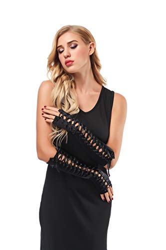 image for JISEN Womens Full Length Fingerless Lace Up Arm Warmer Satin Gloves Bl