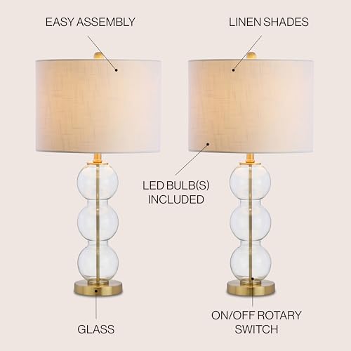 JONATHAN Y 27" Clear/Brass Triple-Sphere Glass Table Lamp Set of 2, Bedside, White Linen Shade, Modern Table Lamps for Living Room, Bedroom, Office, LED Bulbs Included JYL1070A-SET2 by JONATHAN Y - Image 3