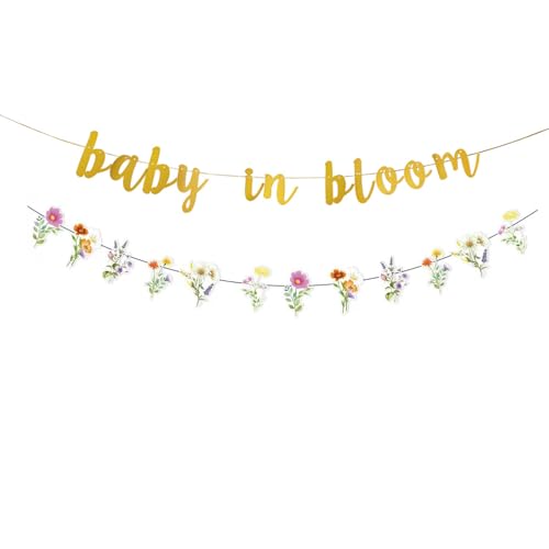 KUNGOON Baby in Bloom Banner with Floral Garland, Gold Letter
