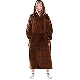 Waitu Wearable Blanket Sweatshirt Gifts for Women and Men, Warm and Cozy Giant Blanket Hoodie, Thick Flannel Blanket with Sleeves and Giant Pocket - Brown