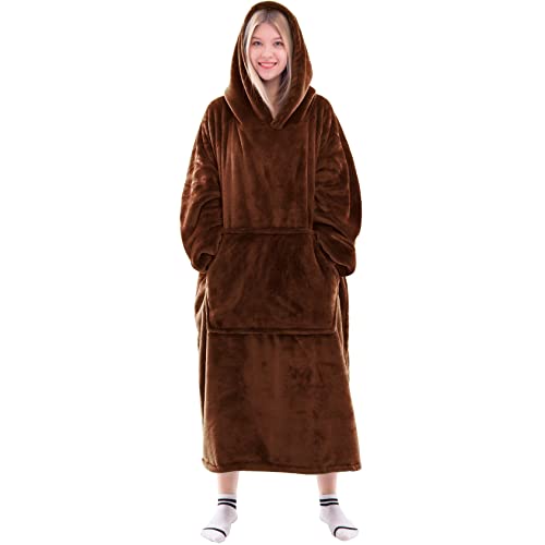 Waitu Wearable Blanket Sweatshirt Gifts for Women and Men, Warm and Cozy Giant Blanket Hoodie, Thick Flannel Blanket with Sleeves and Giant Pocket - Brown