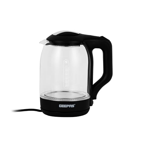 Geepas Geepas-Electric Glass Kettle Cord Storage Glass Body Clear Water Label Gauge Safe & Convenient automatic Shut-Off Function & Boil Dry Protection black/Clear 1.8 L GK9901N