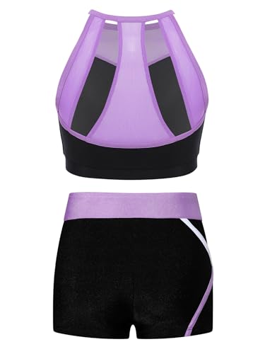 Kids Girls Athletic Sports Outfit Crop Tank Top With Booty Shorts Set For Gymnastic Dance Training Purple 12 Years2