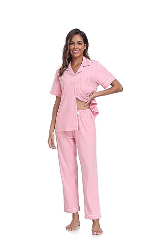 Image of COLORFULLEAF Women's 100% Cotton Pajamas Set Button Down Sleepwear Short Sleeve Shirt and Long Pants Soft Ladies Lounge Sets