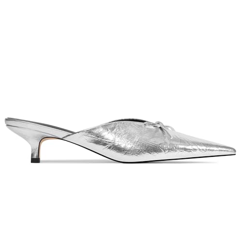 Image of Kitten Heels for Women Heeled Mules Stiletto Pumps Bow Closed Toe Pointed Toe Low Heel Slip on Fashion Metallic Backless Prom Party Dressy
