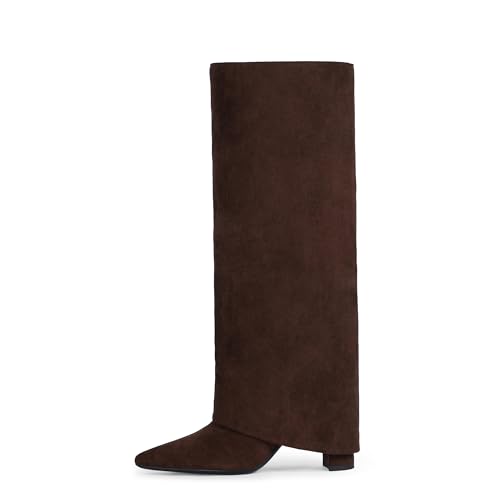 Image of Knee High Boots Women Fold Over Boots Chunky Heel Pointed Toe Tall Boots | Fashion Slouchy Boots,Side Zipper Shark Boots,Fall Spring Winter Fashion Dress Tall Boots,Evening Bridal office Long Boots