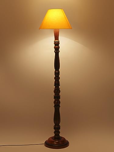 Image of Floor Lamp with Wooden Base - Height 55 inch, Yellow | Modern Standing Lamp for Living Room, Bedroom & Office | Stylish & Elegant Home Lighting Decor | Tall Decorative Lamp