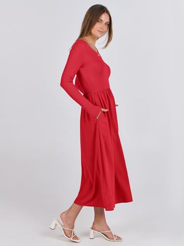 Image of ANRABESS Long Sleeve Midi Dresses for Women 2025 Fall Fashion Casual Rib Knit Patchwork Tight Top Modest Flowy Dress Pocket